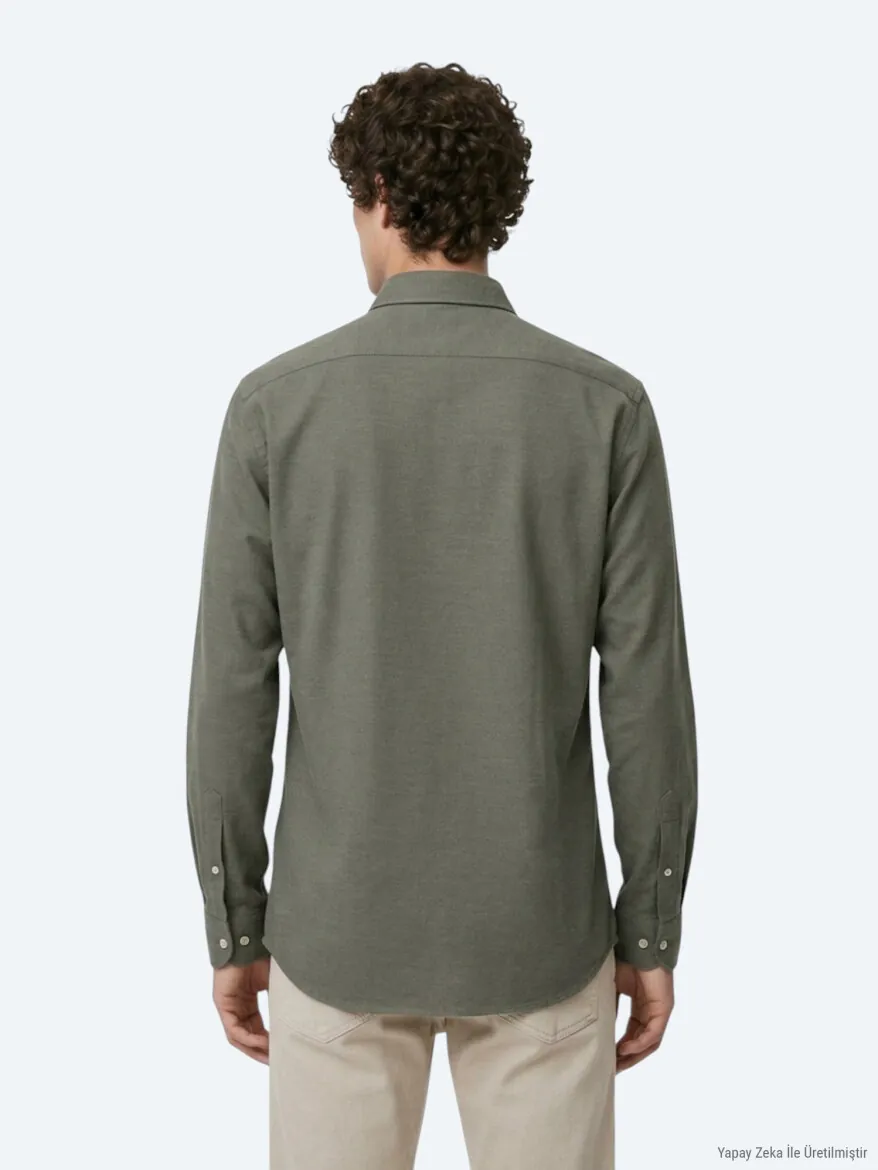 Khaki Plain Regular Fit Long Weaving Casual 100% Cotton Shirt - 6