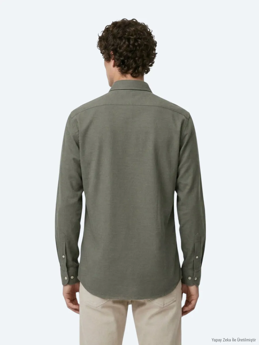 Khaki Plain Regular Fit Long Weaving Casual 100% Cotton Shirt - 6