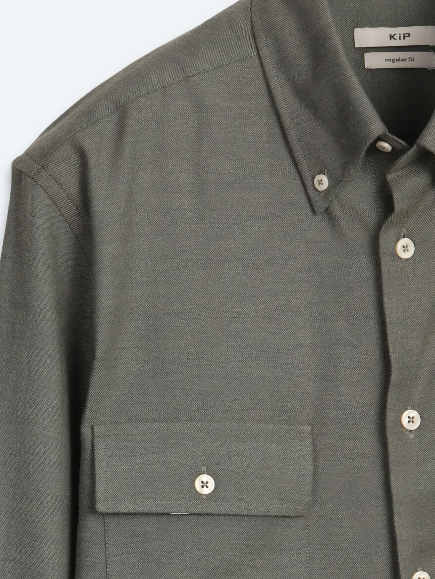 Khaki Plain Regular Fit Long Weaving Casual 100% Cotton Shirt - 8