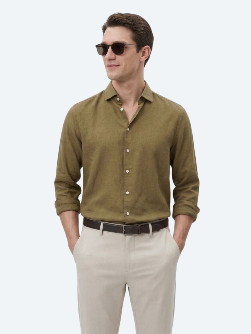 Khaki Plain Regular Fit Long Weaving Casual Cotton Blended Shirt - KİP