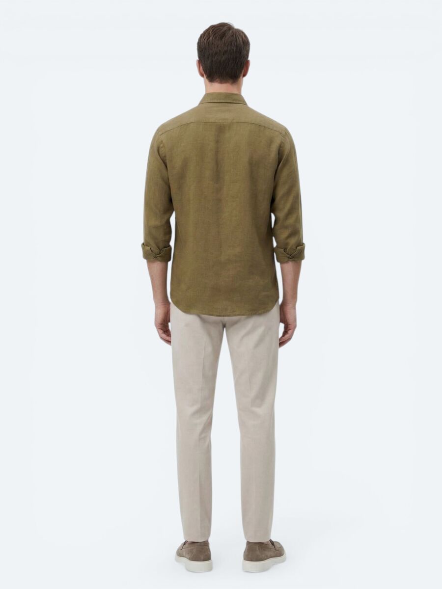 Khaki Plain Regular Fit Long Weaving Casual Cotton Blended Shirt - 5