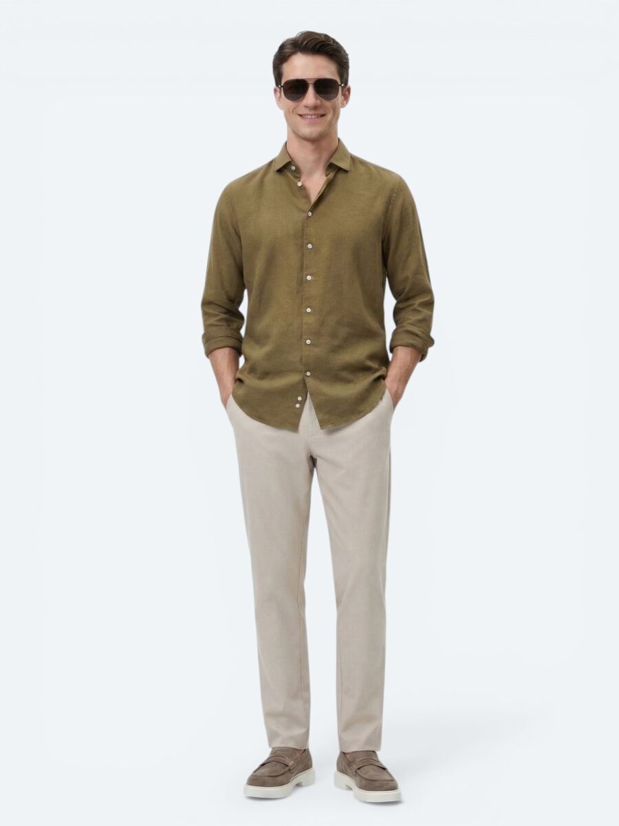 Khaki Plain Regular Fit Long Weaving Casual Cotton Blended Shirt - 2