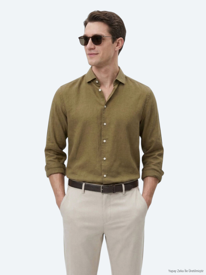 Khaki Plain Regular Fit Long Weaving Casual Cotton Blended Shirt 