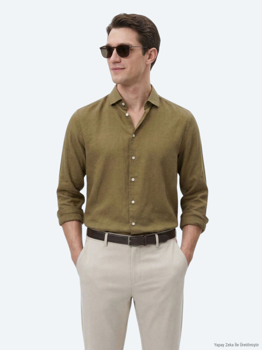 Khaki Plain Regular Fit Long Weaving Casual Cotton Blended Shirt - 1