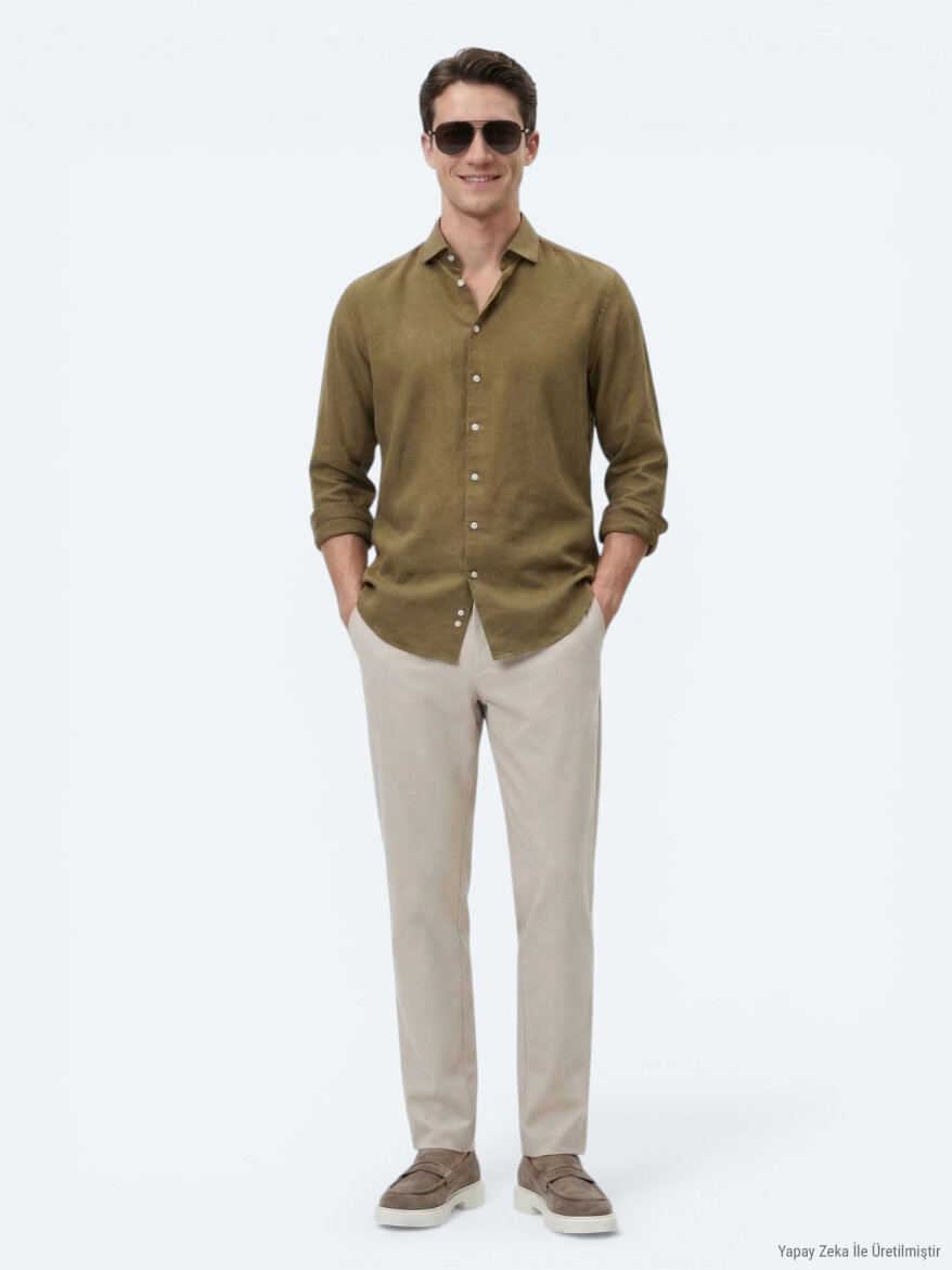 Khaki Plain Regular Fit Long Weaving Casual Cotton Blended Shirt - KİP