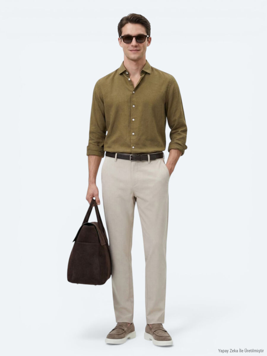 Khaki Plain Regular Fit Long Weaving Casual Cotton Blended Shirt - 4