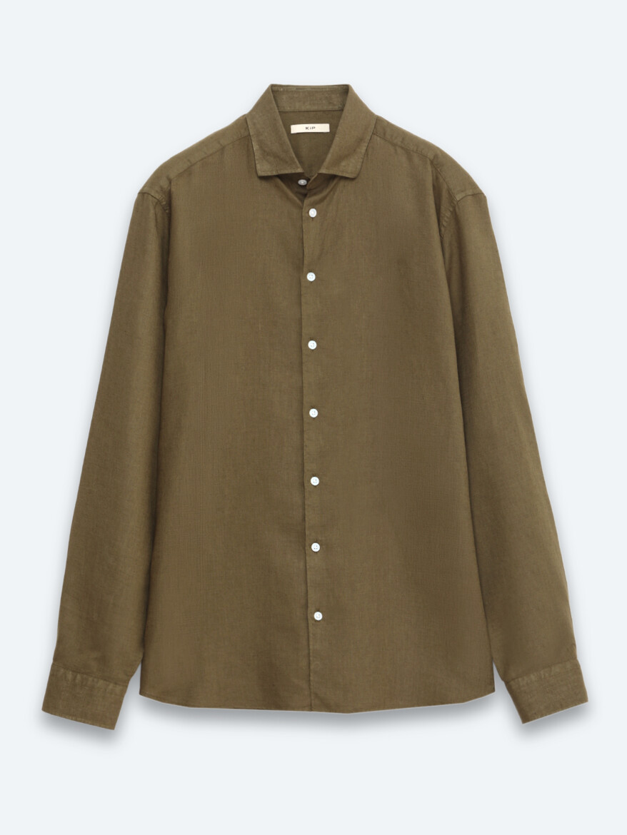 Khaki Plain Regular Fit Long Weaving Casual Cotton Blended Shirt - 6