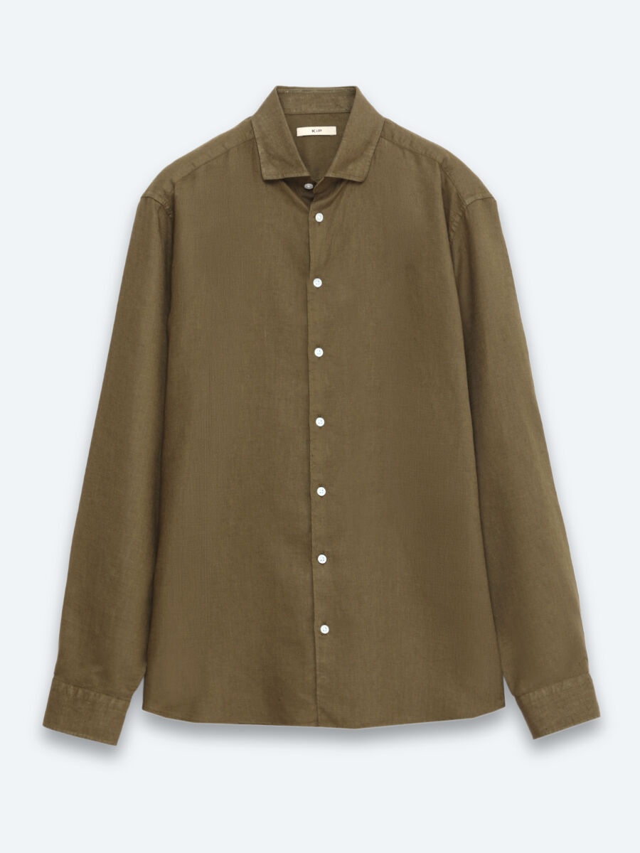 Khaki Plain Regular Fit Long Weaving Casual Cotton Blended Shirt - 6