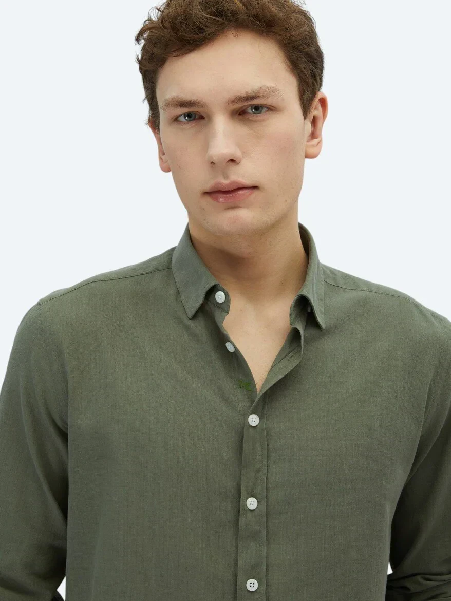 Khaki Plain Regular Fit Weaving Casual 100% Cotton Shirt 