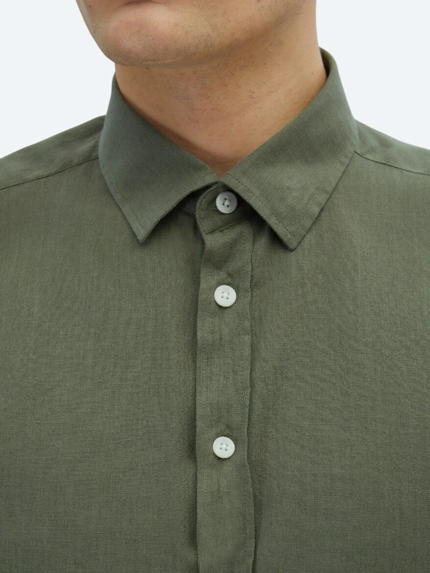 Khaki Plain Regular Fit Weaving Casual 100% Cotton Shirt - 5