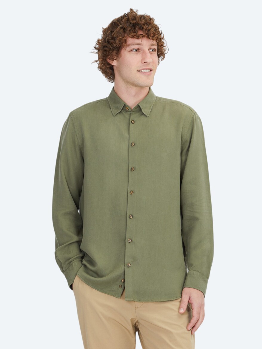 Khaki Plain Regular Fit Weaving Casual Shirt - 1