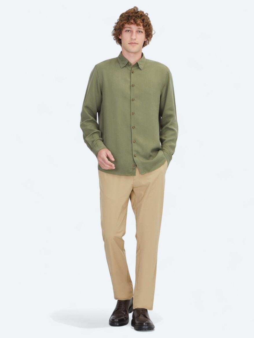 Khaki Plain Regular Fit Weaving Casual Shirt - 2