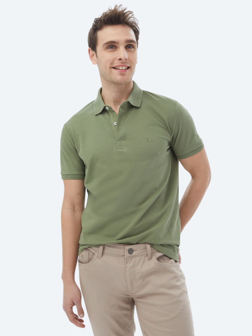 Khaki Polo Neck 100% Cotton T-Shirt - 1