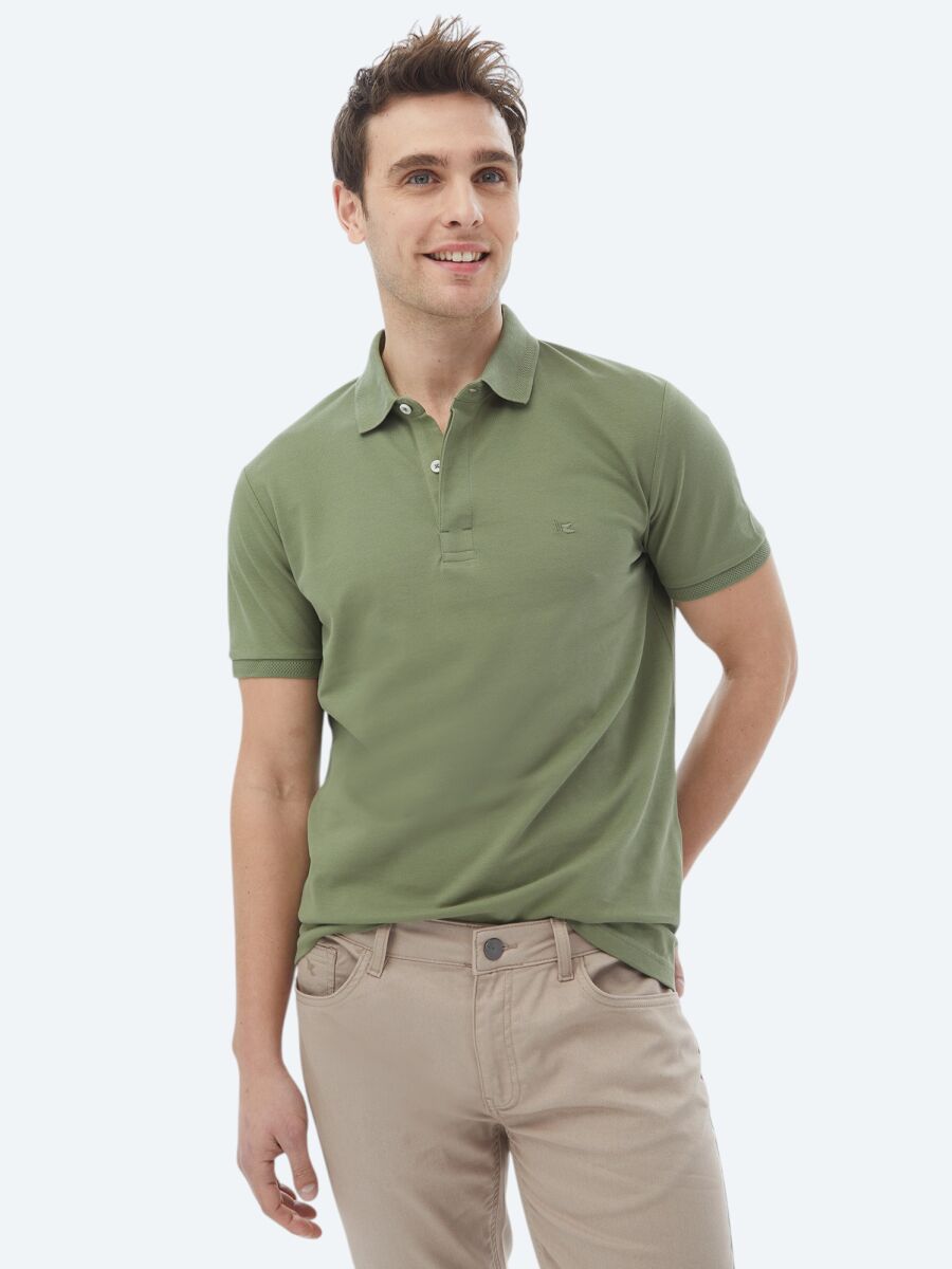 Khaki Polo Neck 100% Cotton T-Shirt - 1