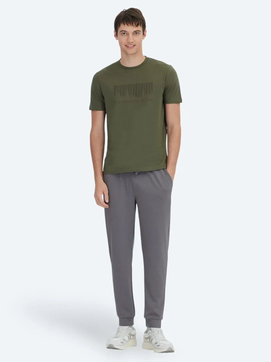 Khaki Printed Crew Neck 100% Cotton T-Shirt - 2