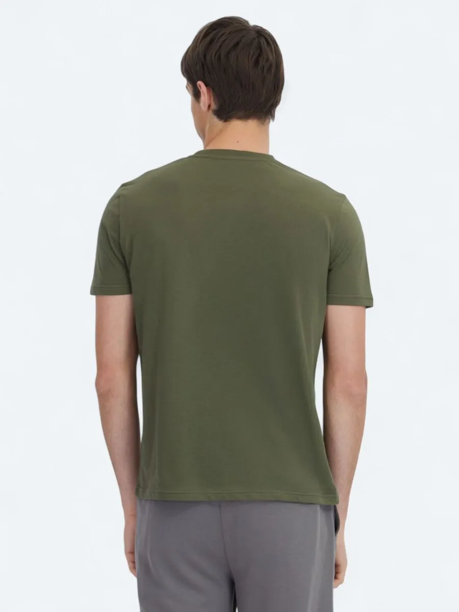 Khaki Printed Crew Neck 100% Cotton T-Shirt - 4