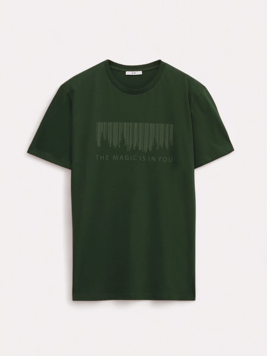 Khaki Printed Crew Neck 100% Cotton T-Shirt - 5