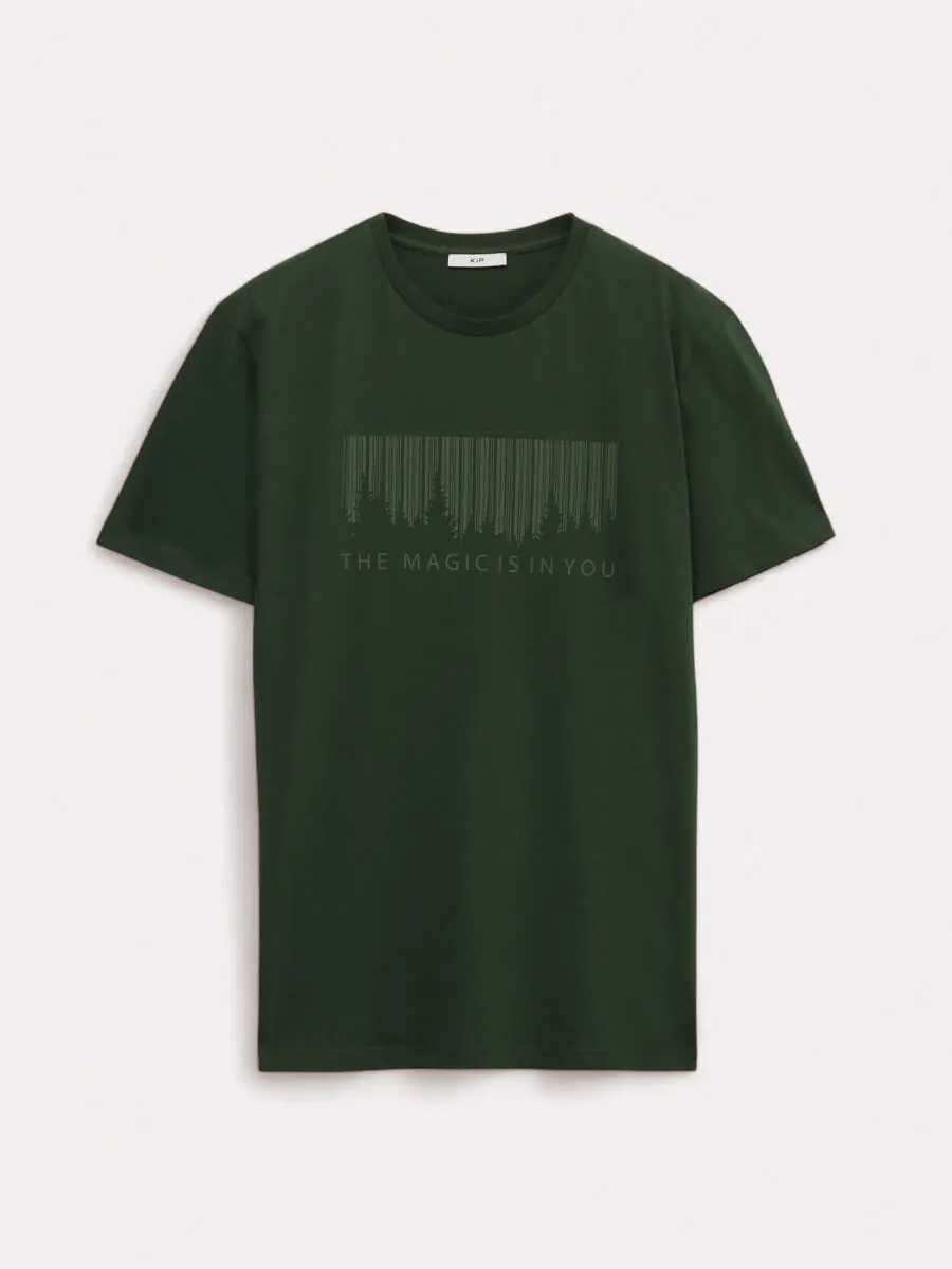 Khaki Printed Crew Neck 100% Cotton T-Shirt - 5