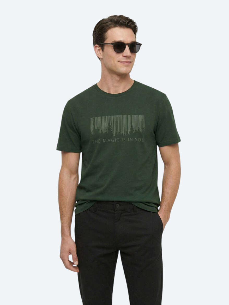 Khaki Printed Crew Neck 100% Cotton T-Shirt - KİP