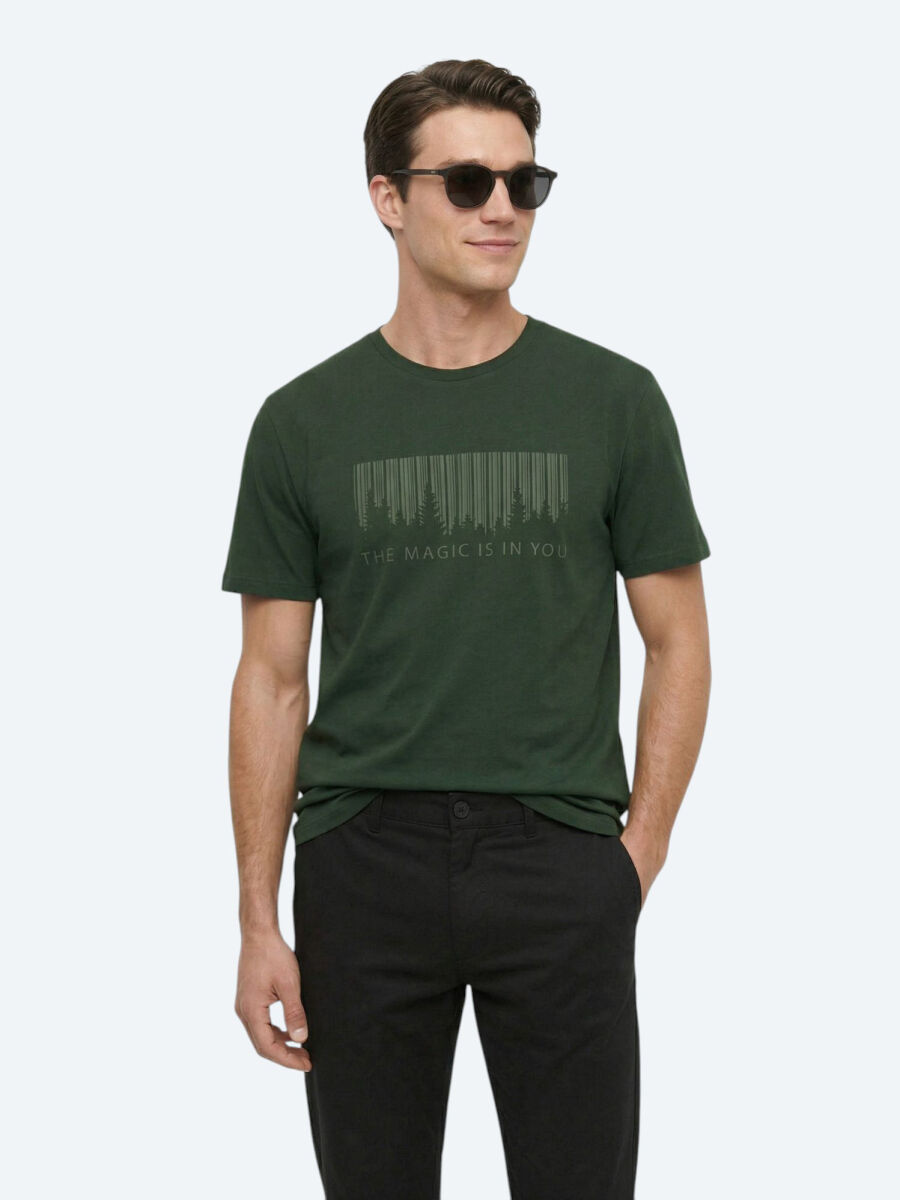 Khaki Printed Crew Neck 100% Cotton T-Shirt - 1