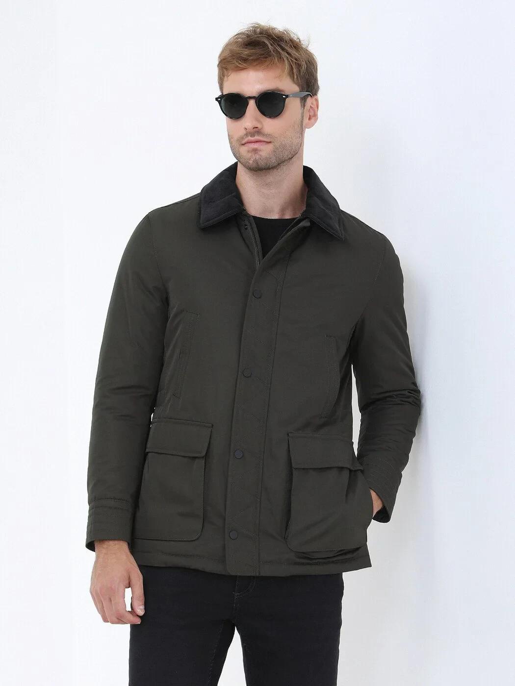 Khaki Regular Fit Casual Weaving Coat - 1