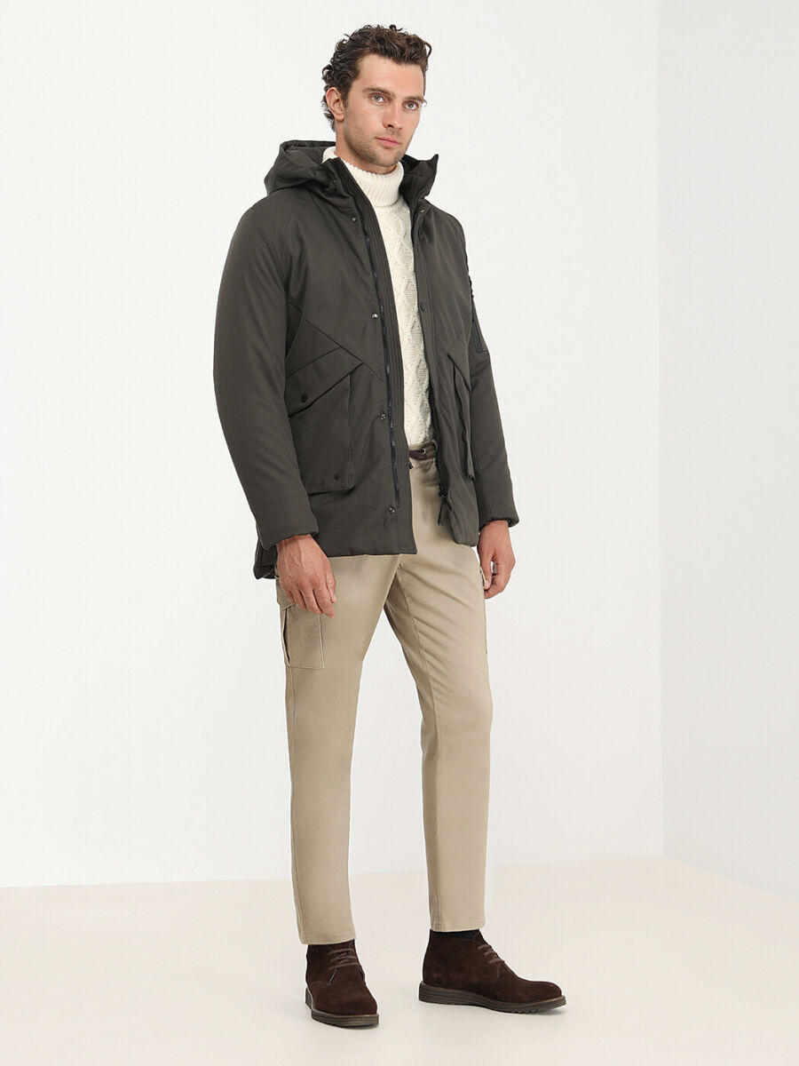 Khaki Regular Fit Hooded Casual Weaving Coat - 2