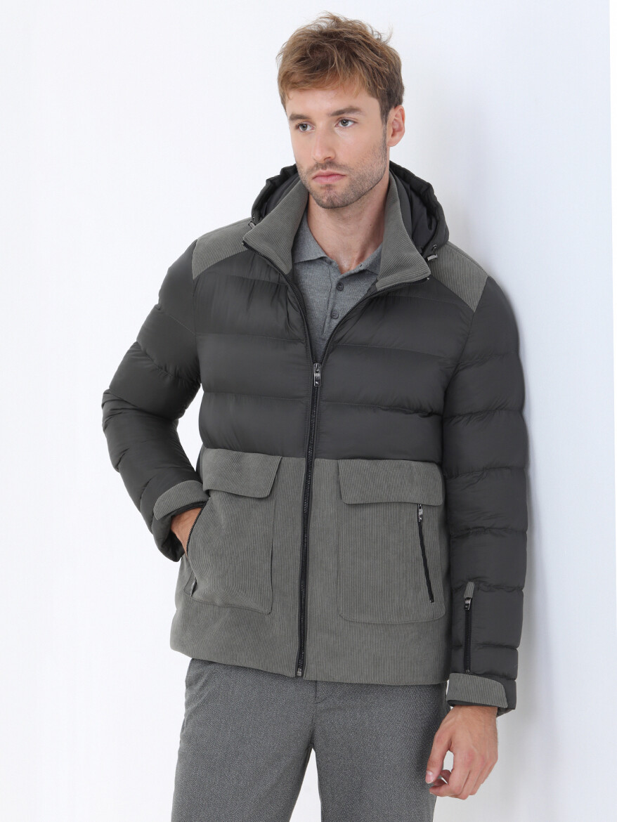 Khaki Regular Fit Hooded Casual Weaving Coat - 1