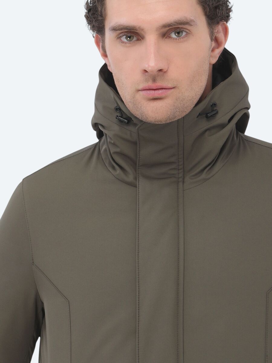 Khaki Regular Fit Hooded Casual Weaving Coat - 4