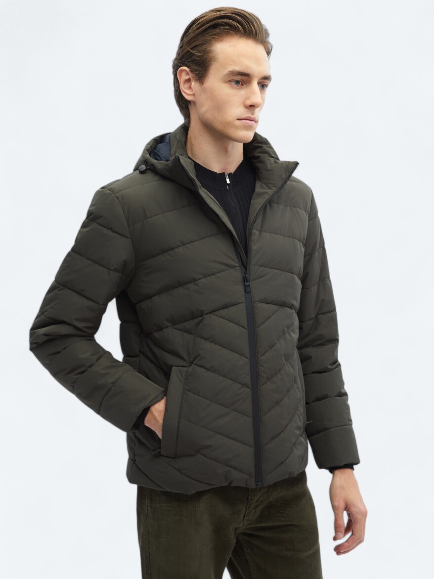 Khaki Regular Fit Hooded Casual Weaving Coat - 3