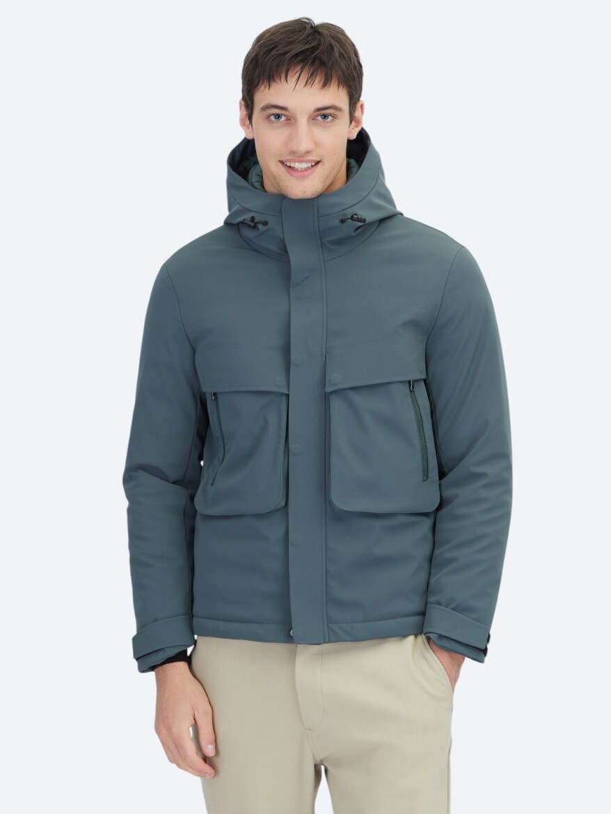 Khaki Regular Fit Hooded Casual Weaving Coat - 3