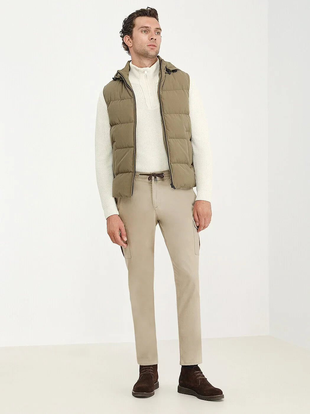 Khaki Regular Fit Hooded Casual Weaving Puffer Vest - 2