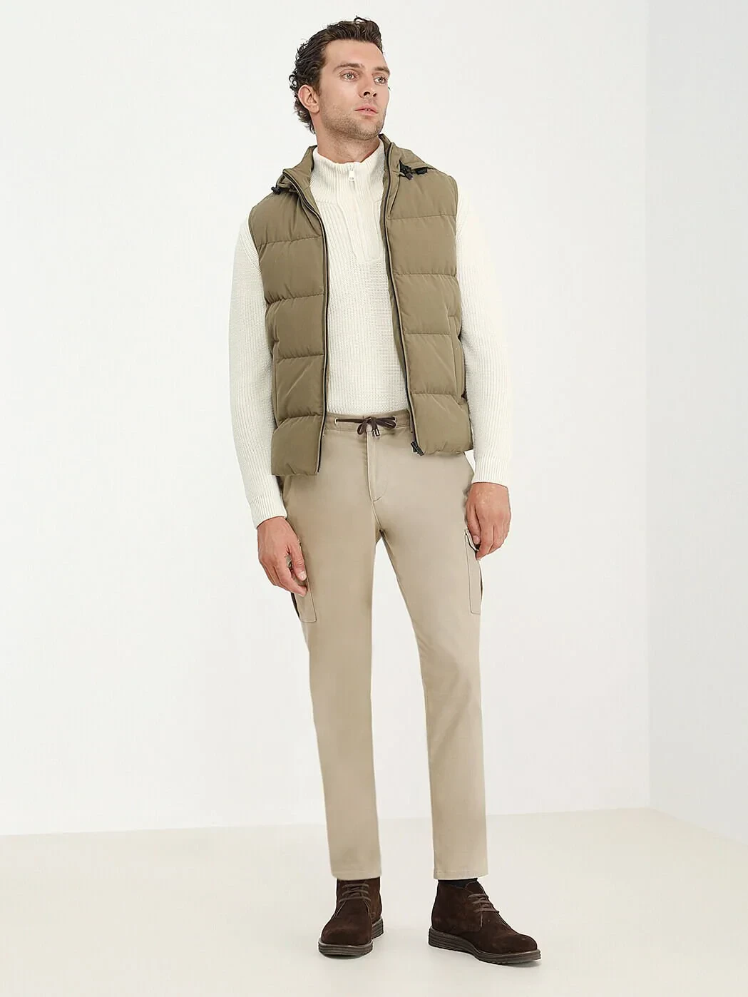 Khaki Regular Fit Hooded Casual Weaving Puffer Vest - 2