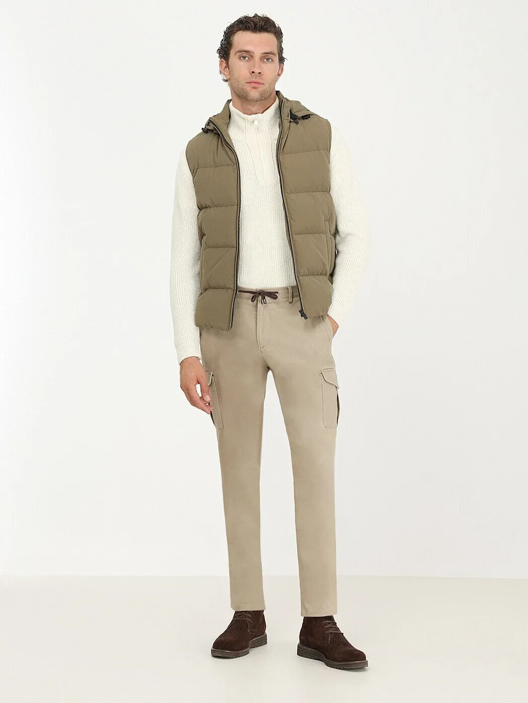 Khaki Regular Fit Hooded Casual Weaving Puffer Vest - 4