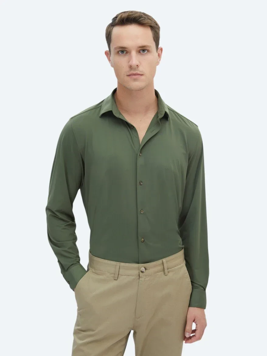 Khaki Regular Fit Knitting Casual Shirt - 1