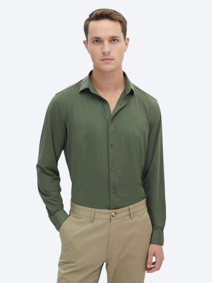 Khaki Regular Fit Long Knitting Casual Shirt - 1