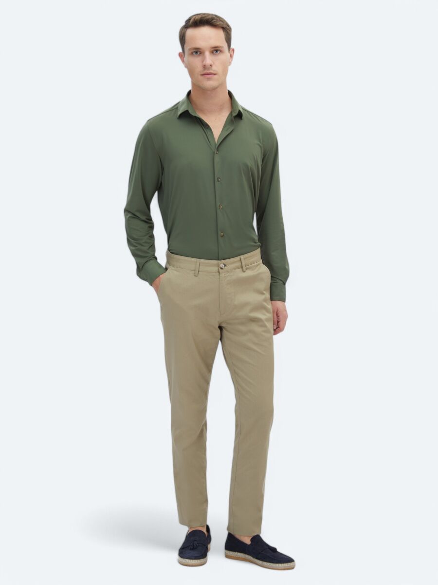 Khaki Regular Fit Long Knitting Casual Shirt - 2
