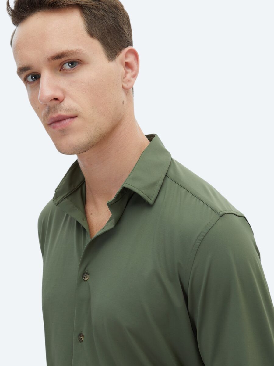 Khaki Regular Fit Long Knitting Casual Shirt - 4