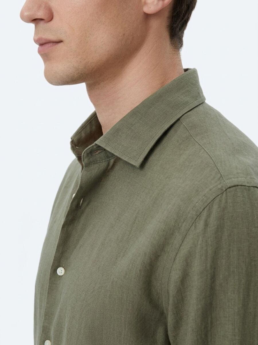 Khaki Regular Fit Long Weaving Casual Cotton Blended Shirt - 2