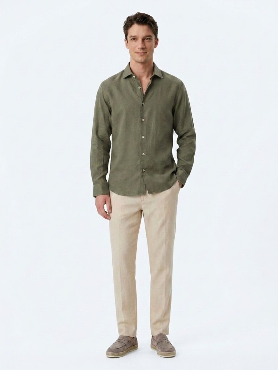 Khaki Regular Fit Long Weaving Casual Cotton Blended Shirt - 3