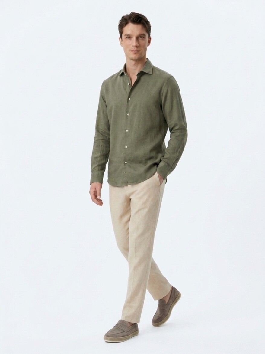 Khaki Regular Fit Long Weaving Casual Cotton Blended Shirt - 4