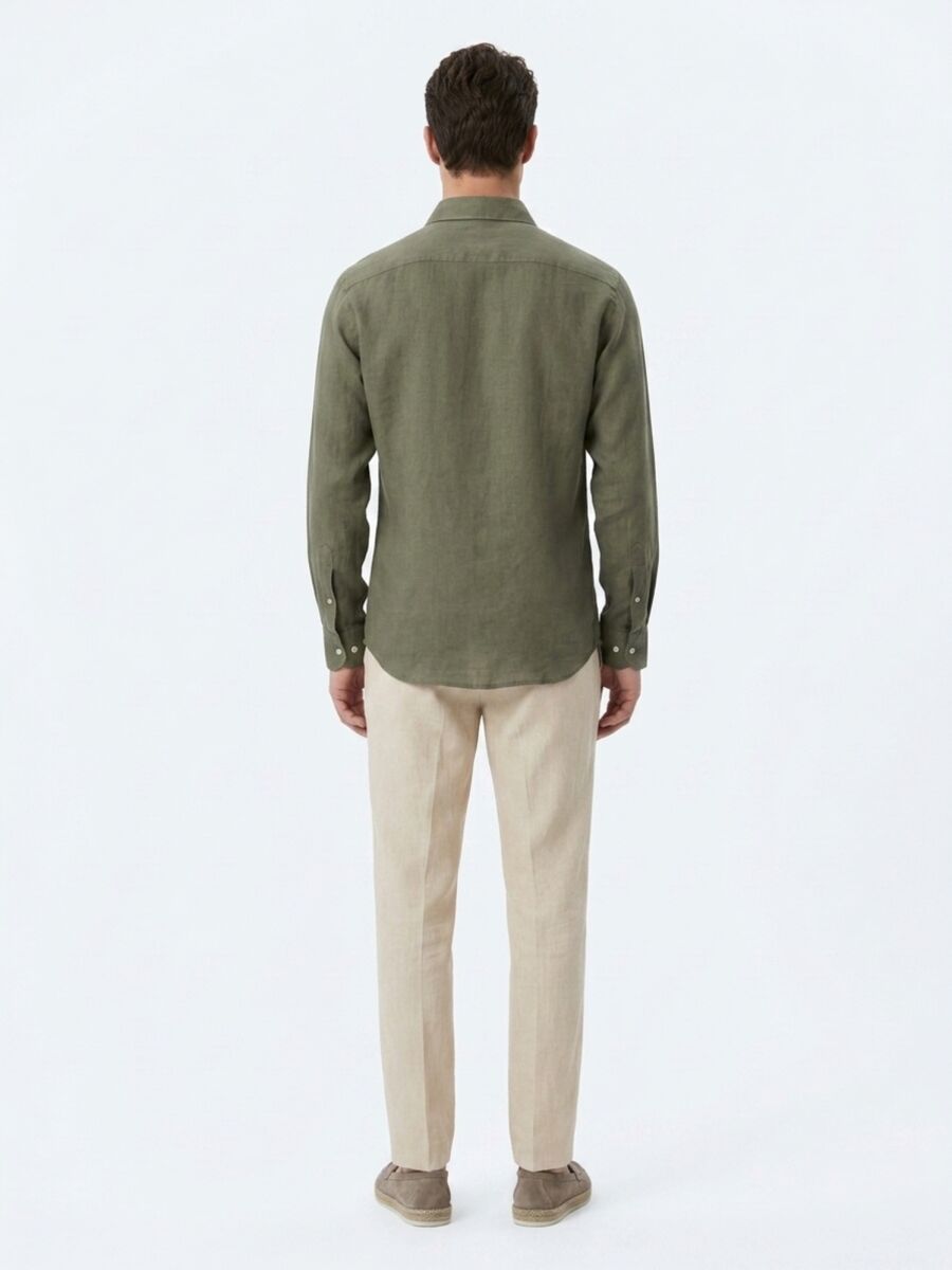 Khaki Regular Fit Long Weaving Casual Cotton Blended Shirt - 5
