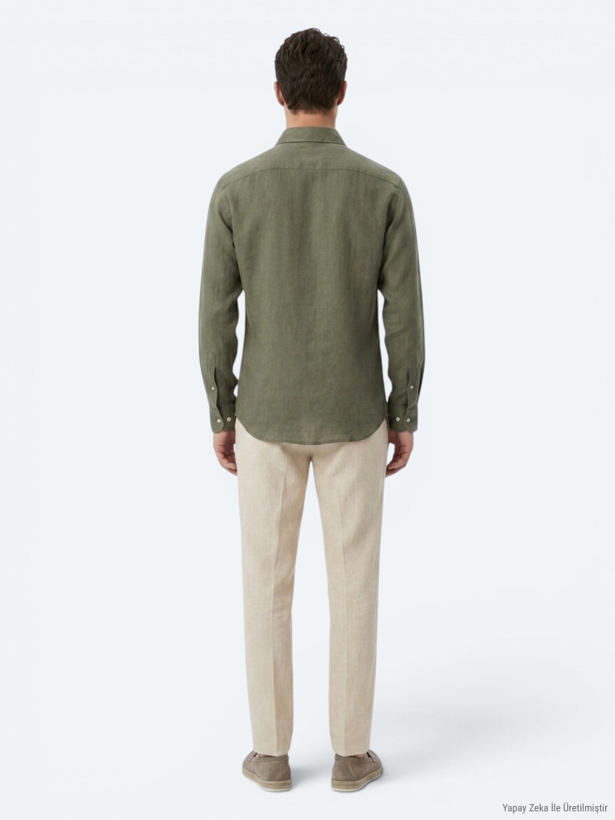 Khaki Regular Fit Long Weaving Casual Cotton Blended Shirt - 5