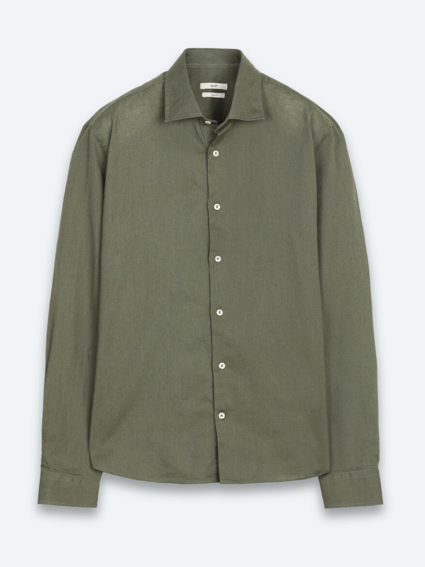 Khaki Regular Fit Long Weaving Casual Cotton Blended Shirt - 6
