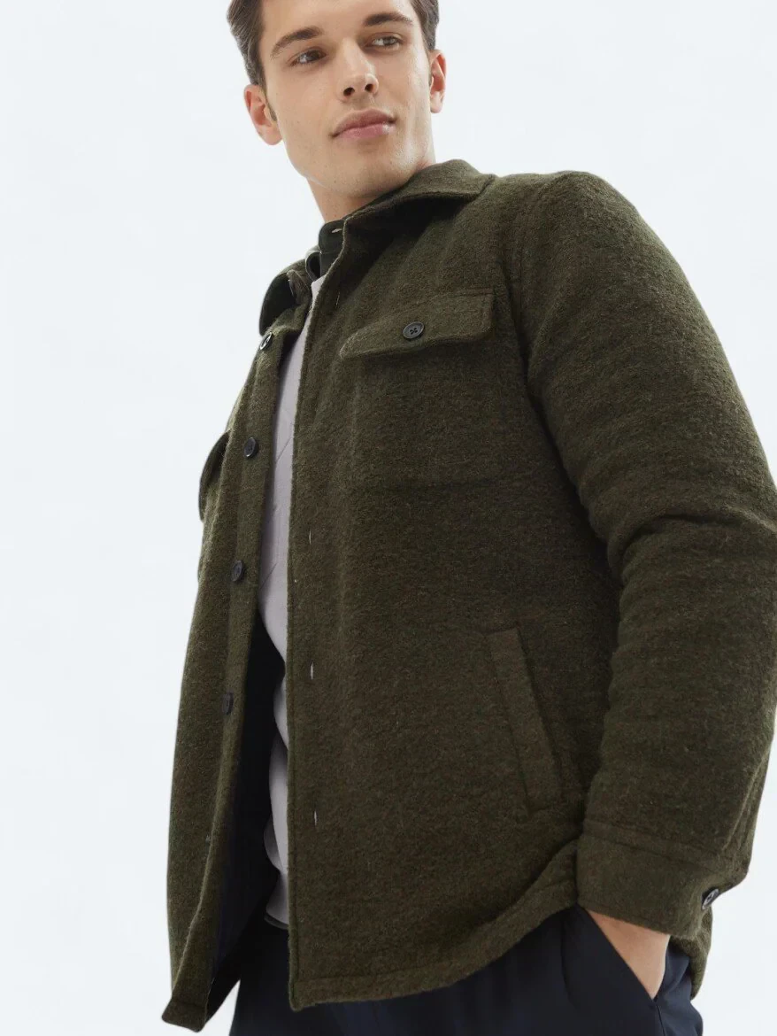Khaki Regular Fit Shirt Collar Casual Knitting Coat - 1