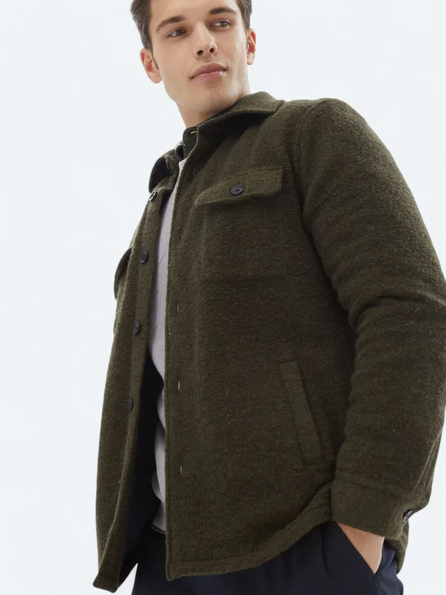 Khaki Regular Fit Shirt Collar Casual Knitting Coat - 1