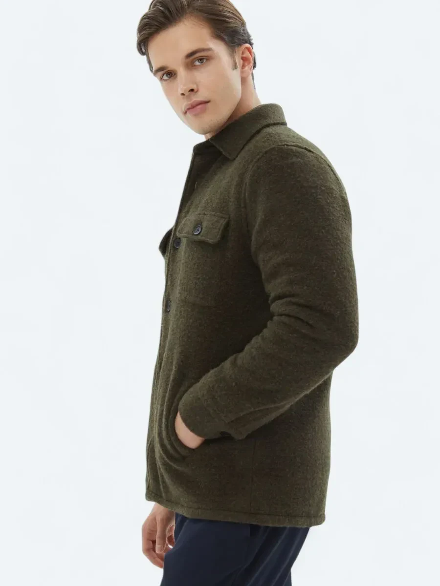 Khaki Regular Fit Shirt Collar Casual Knitting Coat - 3