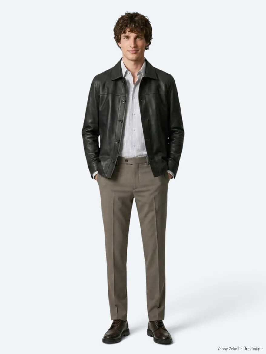 Khaki Regular Fit Shirt Collar Casual Leather Leather Coat - 3
