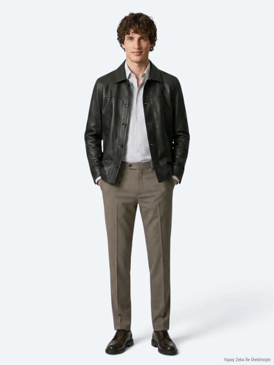 Khaki Regular Fit Shirt Collar Casual Leather Leather Coat - 3