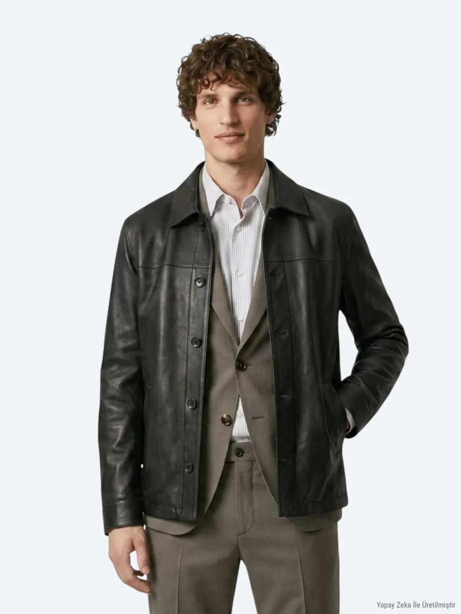 Khaki Regular Fit Shirt Collar Casual Leather Leather Coat - 4