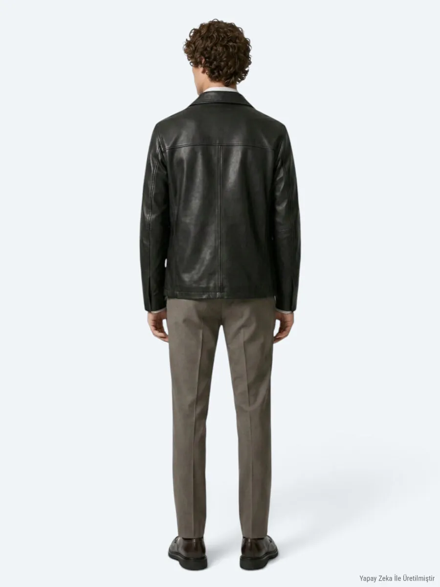 Khaki Regular Fit Shirt Collar Casual Leather Leather Coat - 8